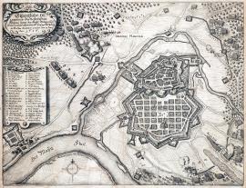 245-Původní nákres pevného města Hanou i s obléháním císařskými, které bylo Švédy a landkrabím Vilémem Hesenským vyproštěno, dne 13. června 1636.