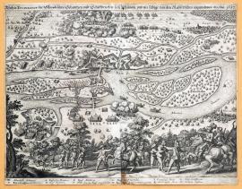 253-Pravdivý nákres švédských opevnění a loďového mostu u Rheinau, které byly dobyty císařskými 1637.