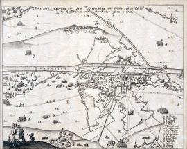 554-Nákres obléhání města Řezna, které bylo dne 16. července císařskými předáno dohodou 1634.