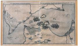 276-Původní nákres slavné úžiny Ors Sund v Dánsku i s flotilami královskou švédskou, dánskou a nizozemskou r. 1644.