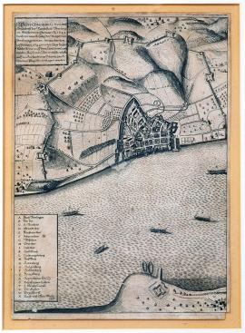 326-Pravdivé vyobrazení a půdorys říšského města Uberlingen, které z důvodu zanedbání měšťanstvem dobyl nepřítel dne 30. ledna 1643 a pak dne 29. ledna 1644 bylo kurfiřtsko-bavorskou říšskou armádou na zemi i císařsko-rakouskými vojsky na jezeře, včetně šance u sv. Mikuláše, sevřeno a obléháno.