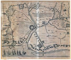 329-Vyobrazení obléhání Grevelingenu ve Flandrech, které bylo zahájeno jeho výsostí vévodou z Orleans v měsíci květnu a koncem července toho 1644 roku bylo šťastně dokončeno.