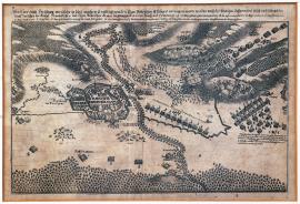 331-Nákres města Freiburgu, které bylo po šest týdnů vážně kurfiřtsko-bavorskými vojáky obléháno a dobyto, i krvavé šarvátky, k nimž došlo mezi armádou král. francouzskou a kurfiřtsko-bavorskou po předání města, roku 1644 v měsíci otavy (rozuměj srpna).