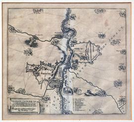 336-Nákres táborů jednak císařských, jednak Švédů a jejich opevnění u Bernburgu 1644.