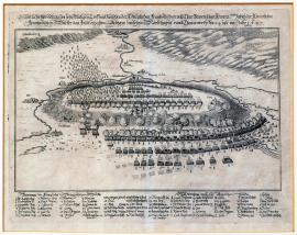 384-Původní vyobrazení velmi krvavého střetnutí mezi královskými francouzskými a kurfiřtsko-bavorskými armádami, v němž královská francouzská vojska obdržela pole (tj. zvítězila); událo se mezi Nördlingenem a Donauwerthem, dne 24. července roku 1645.