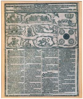 392-„Dvě pravdivá a ohromující vidění a zázračná znamení nám zjevil Bůh před očima na různých místech v Graven-Hage (tj. v den Haagu v Nizozemsku) v tomto roku 1646 v neděli dne 31. května odpoledne o půl jedné na světlé a jasné obloze, jichž podobu poznáte z těchto postav a písně. (Podle nápěvu: „Hrozná smrt se svým šípem… atd.“)
Druhý: Jak bylo vidět v Korutanech u Rockelsburgu, Ludenbergu a blízkých místech v den sv. Květné neděle v poledne: pět sluncí, jedny máry (pro mrtvoly), dvě duhy vzájemně se křižující a ohnivá metla. Podle nápěvu: „Až nastane má hodinka…“ atd.