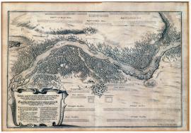 426-Původní vyobrazení jak a na kterém místě překročily spojenecké armády tok Lechu v Bavorsku, v květnu 1648.