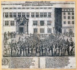 452-Vyobrazení švédského lva, který dne 25. podzimního měsíce běžného roku při mírové hostině nechal po 6 hodin téci z tlamy červené a bílé víno pro její knížecí jasnost, pana generalissima.